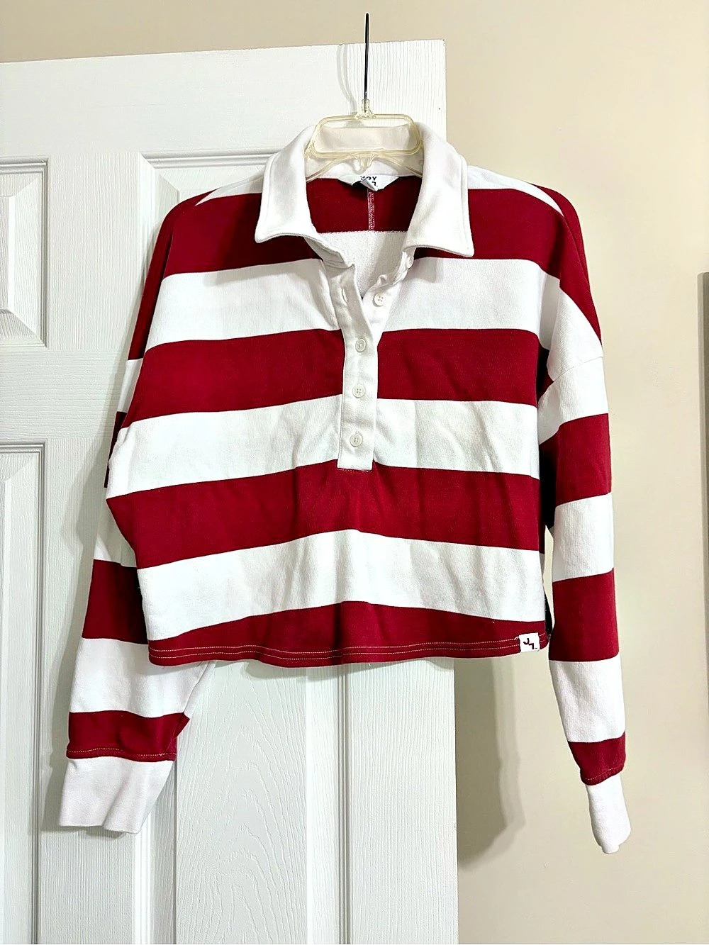 Joy Lab Women’s Size M Burgundy & White Striped Cropped Rugby Pullover